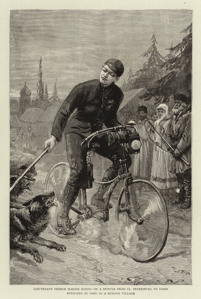 Luitenant George Martos op een fiets van Sint-Petersburg naar Parijs aangevallen door honden in een Russisch dorp door Charles J. Staniland